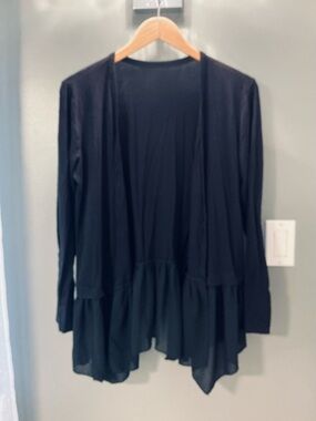 Cardigan veste légère en jersey noir, bordure plissée transparente (L)